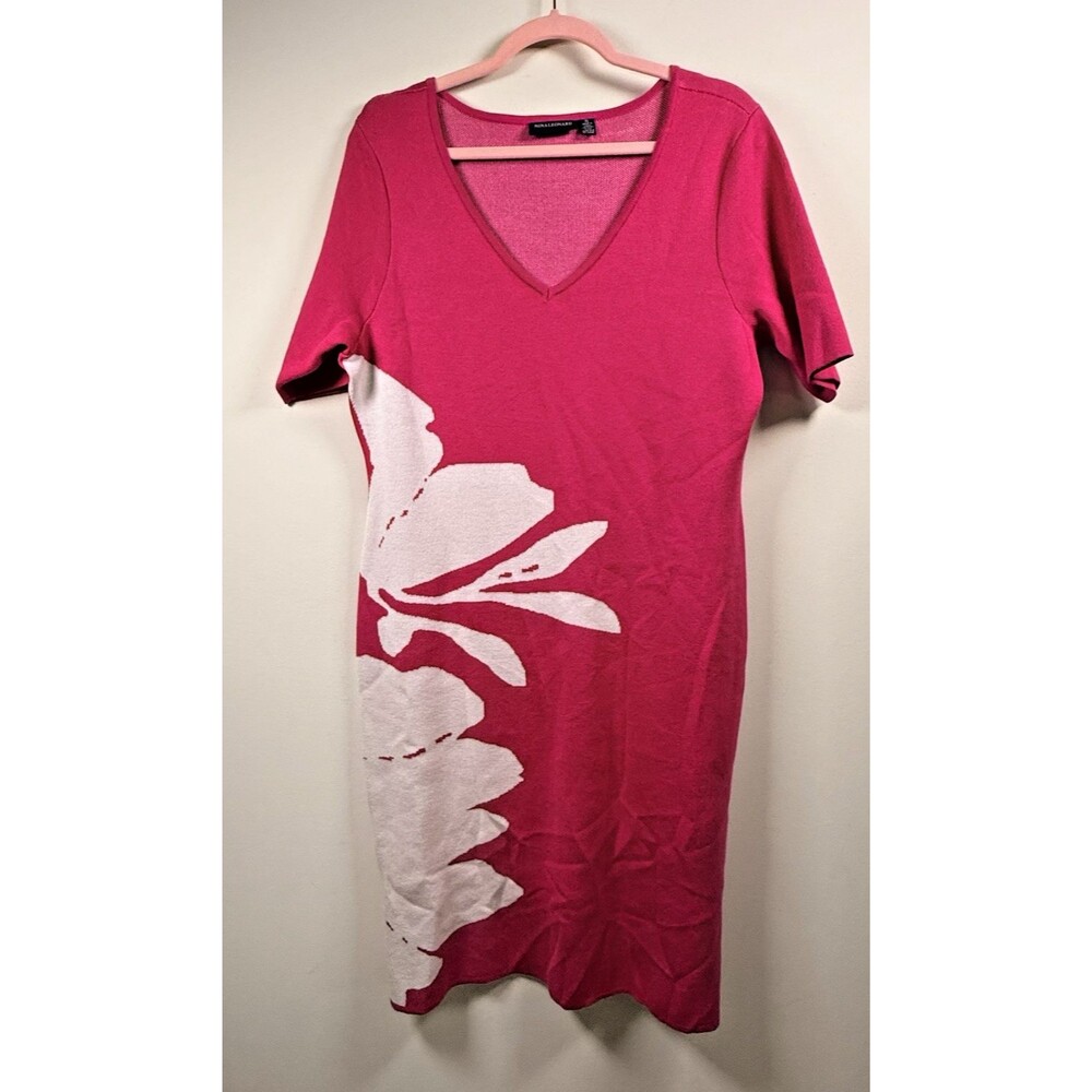 Nina Leonard XL Pink White Floral Knit V-Neck Short Sleeve Sheath Dress